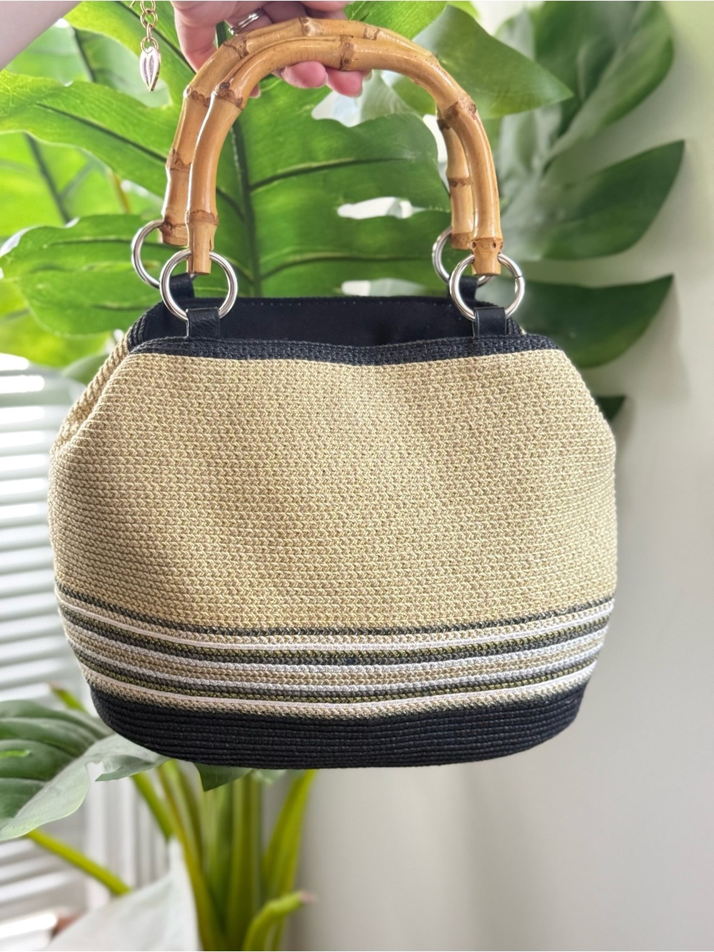 Natural Straw Tote with Bamboo Handles - Black & Natural